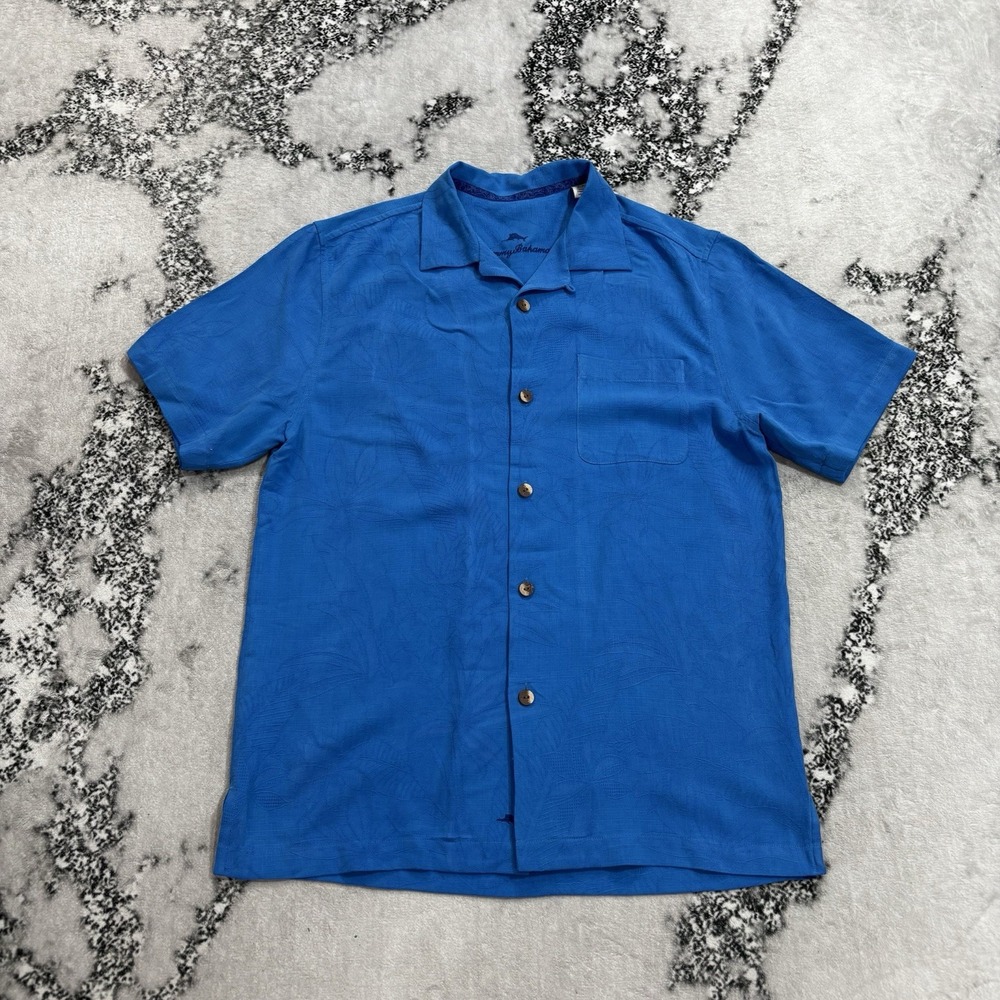 Tommy Bahama Mens Sz Small Blue Silk Blend Hawaiian Camp Shirt Short Sleeve